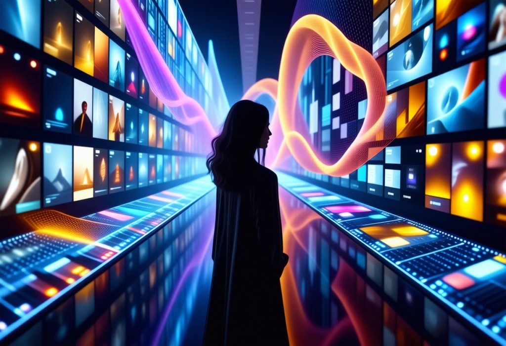 여러 디지털 화면이 늘어선 미래형 갤러리에서 오렌지색 홀로그램 웨이브를 바라보는 여성의 실루엣