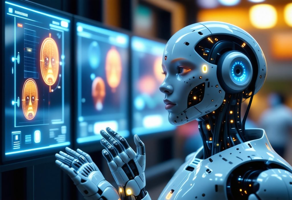 얼굴 인식 인터페이스가 표시된 투명 스크린과 상호작용하는 청색 눈의 휴머노이드 AI 로봇