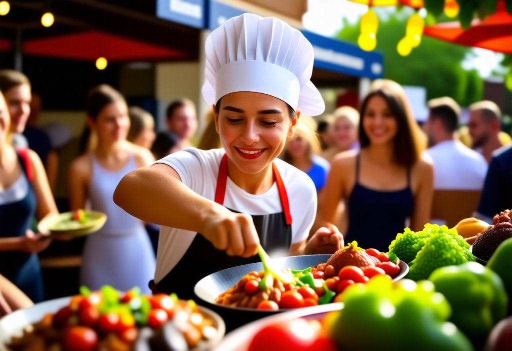 야외 푸드 페스티벌에서 신선한 채소로 요리를 준비하는 흰색 셰프 모자를 쓴 요리사