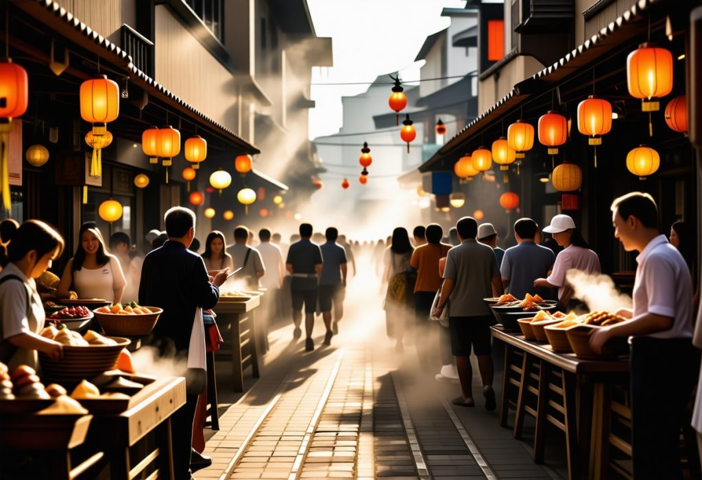 붉은 등불이 걸린 안개 낀 전통 아시아 거리 시장을 걷는 사람들