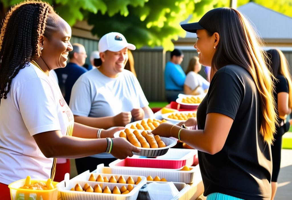 야외 커뮤니티 행사에서 접시에 담긴 음식을 나누어 주는 자원봉사자들