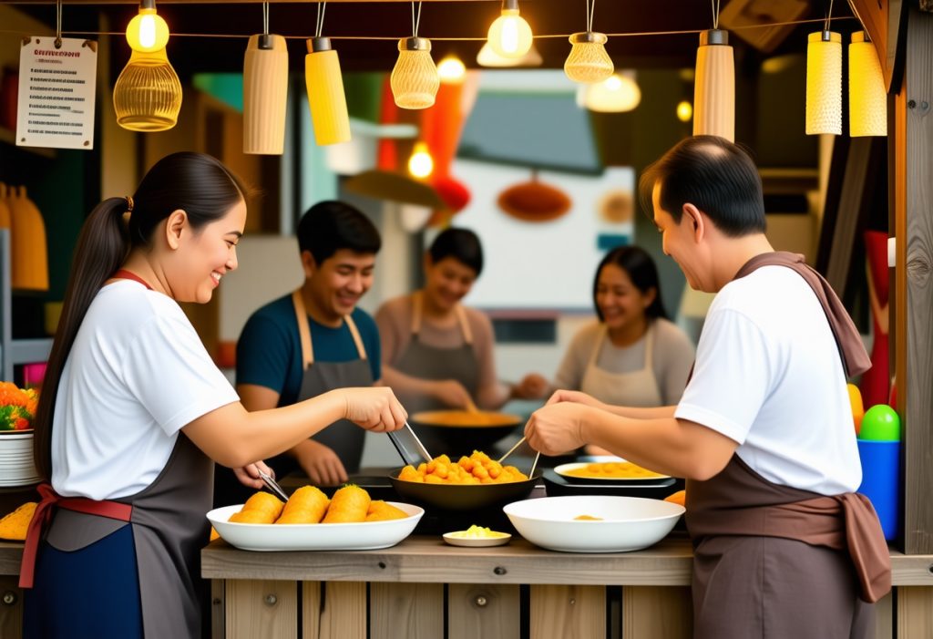 따뜻한 조명 아래 실내 주방에서 음식을 준비하며 미소 짓는 앞치마 입은 요리사들
