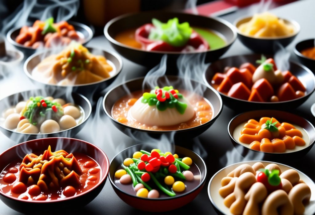 김이 모락모락 나는 다양한 한국 전통 디저트와 떡이 담긴 여러 그릇의 배열
