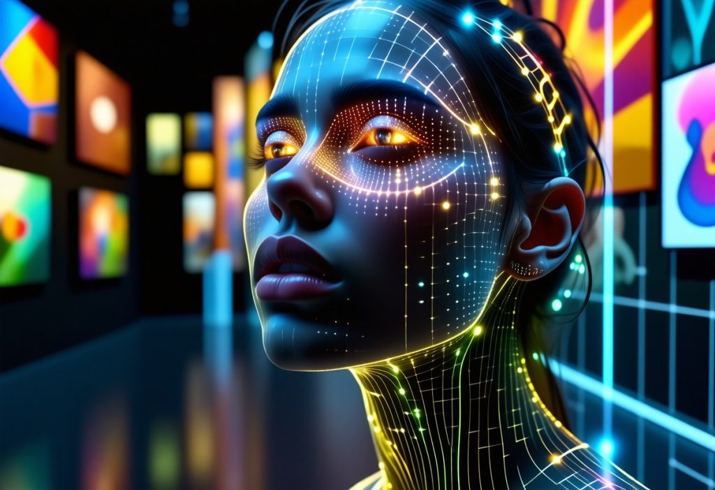 얼굴에 발광하는 그리드 오버레이와 다채로운 디스플레이 배경이 있는 미래형 디지털 휴먼 렌더링