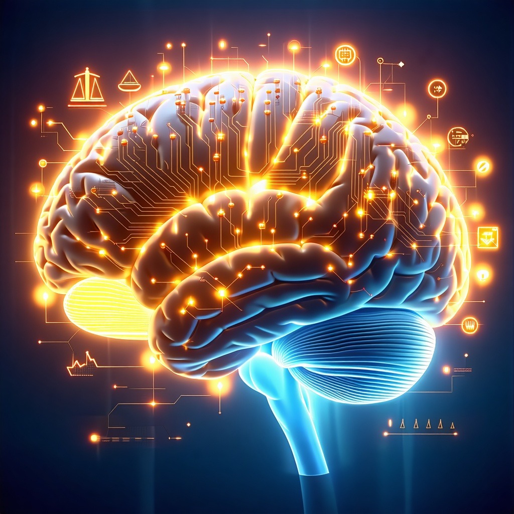 신경 회로와 디지털 아이콘이 연결된 빛나는 뇌 구조를 강조한 미래형 이미지