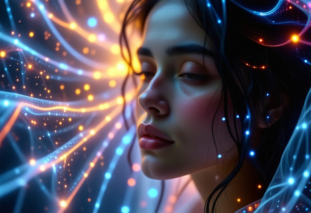 금색과 청색 빛나는 입자와 네트워크 선으로 둘러싸인 눈을 감은 여성의 고요한 얼굴
