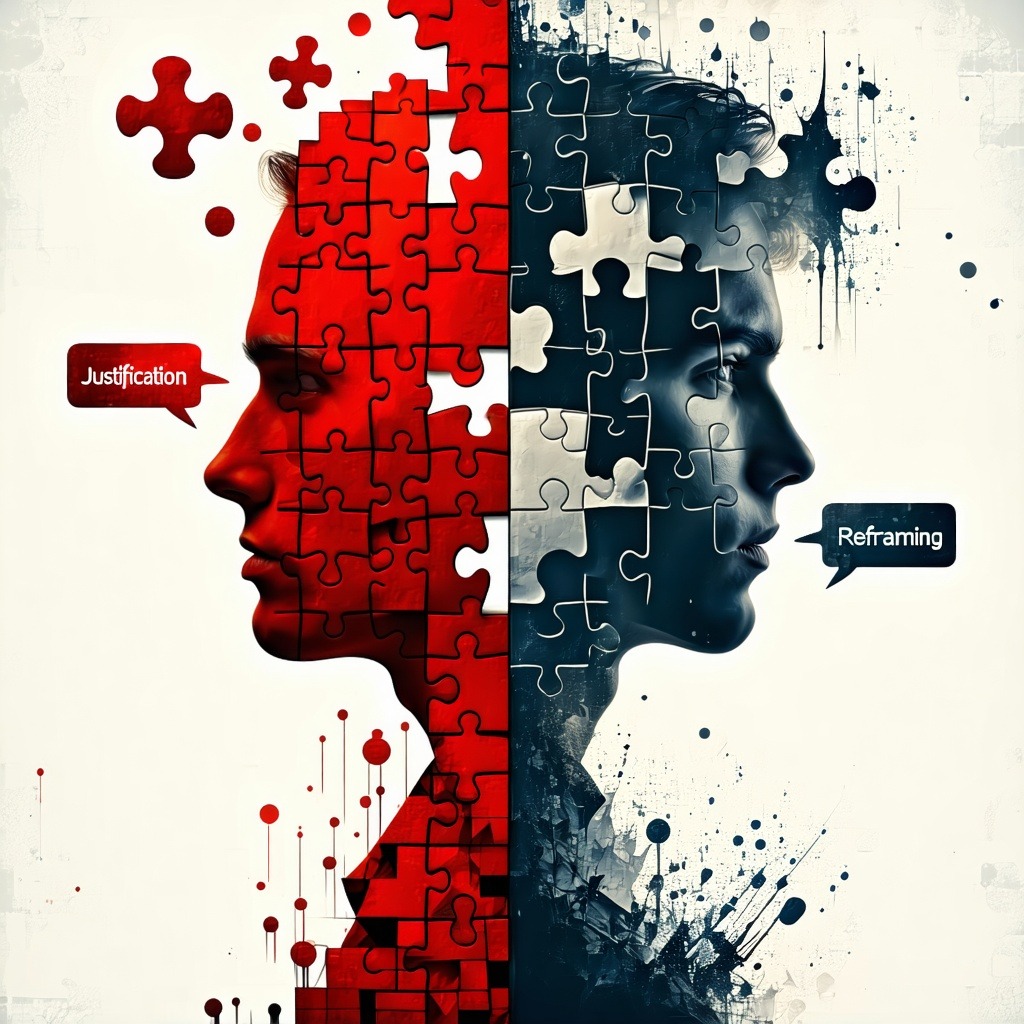 정당화와 재구성을 대비시키기 위해 퍼즐 조각으로 표현된 두 얼굴의 대비 이미지