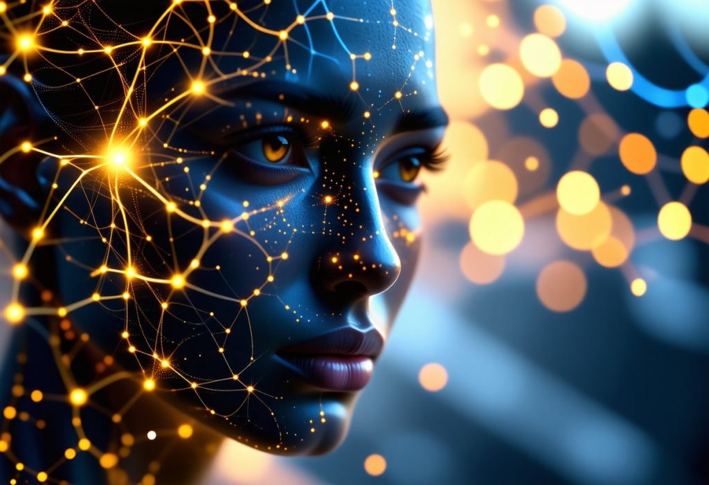 얼굴에 금색 네트워크 패턴 오버레이와 보케 효과 배경이 있는 디지털 휴먼 프로필