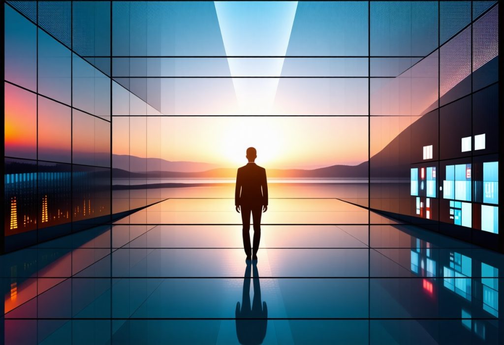 일몰을 향해 서 있는 사람의 실루엣과 양쪽에 디지털 스크린이 있는 미래형 유리 복도