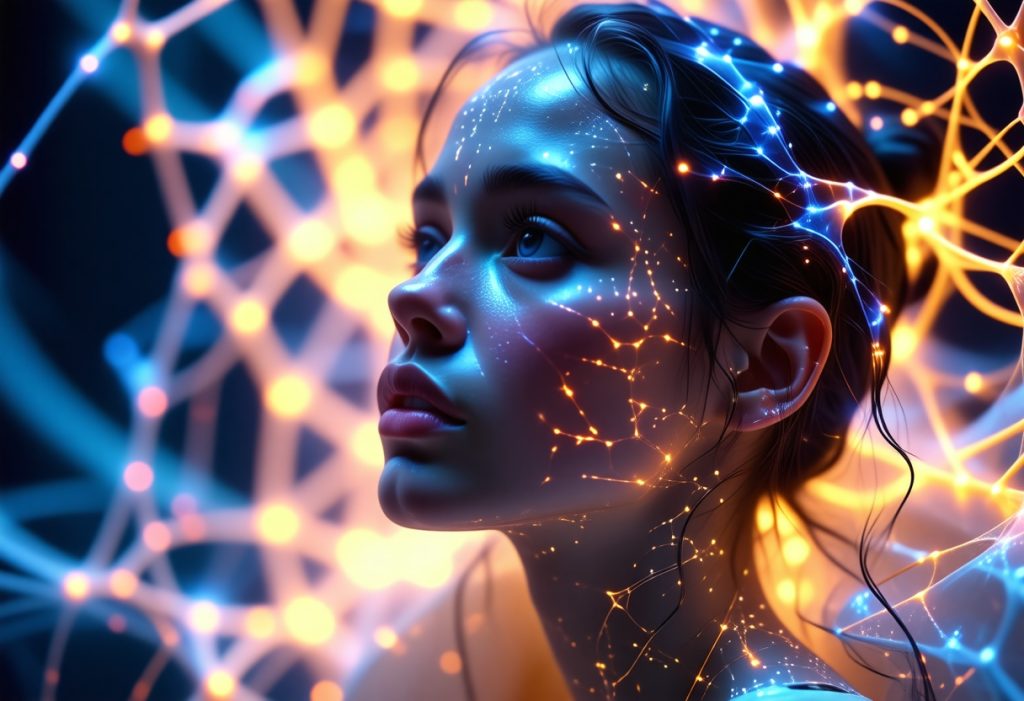 금색과 청색 신경망 연결선으로 둘러싸인 위를 올려다보는 여성의 예술적 초상