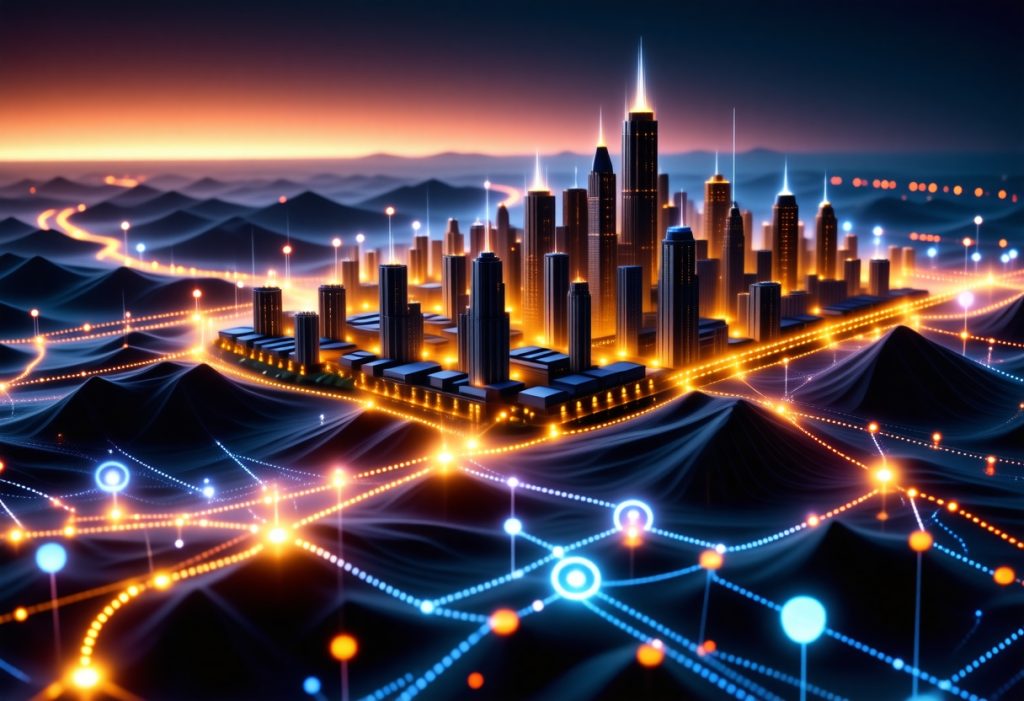 황혼 하늘 아래 금색과 청색 네트워크 연결선으로 둘러싸인 발광하는 미래형 도시 스카이라인