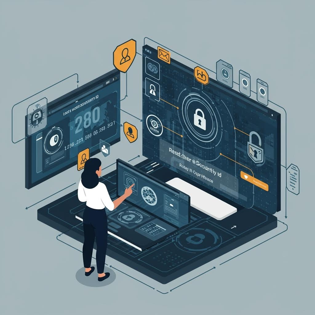 여러 개의 보안 대시보드 화면과 자물쇠 아이콘이 연결된 공간에서 사용자가 중앙 인터페이스를 조작하는 통합 관리 장면