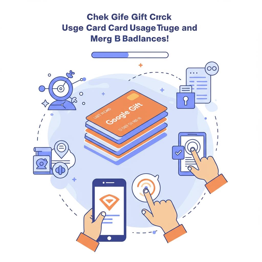 디지털 상품권 카드가 겹겹이 쌓여 화면 중앙에 놓이고 여러 기기 조작 아이콘이 연결된 설명 장면