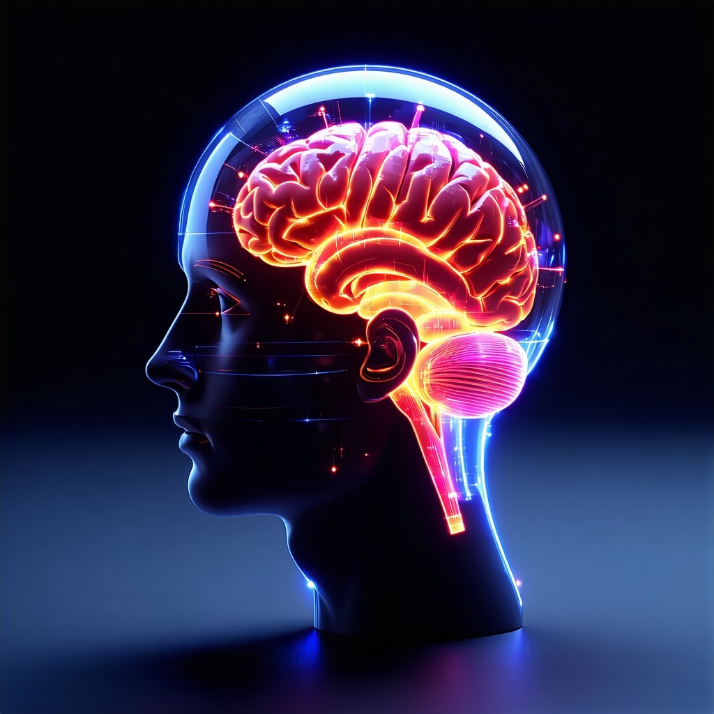 검은 배경에 청색 테두리로 빛나는 투명한 머리 단면도와 분홍빛 주황색으로 빛나는 뇌