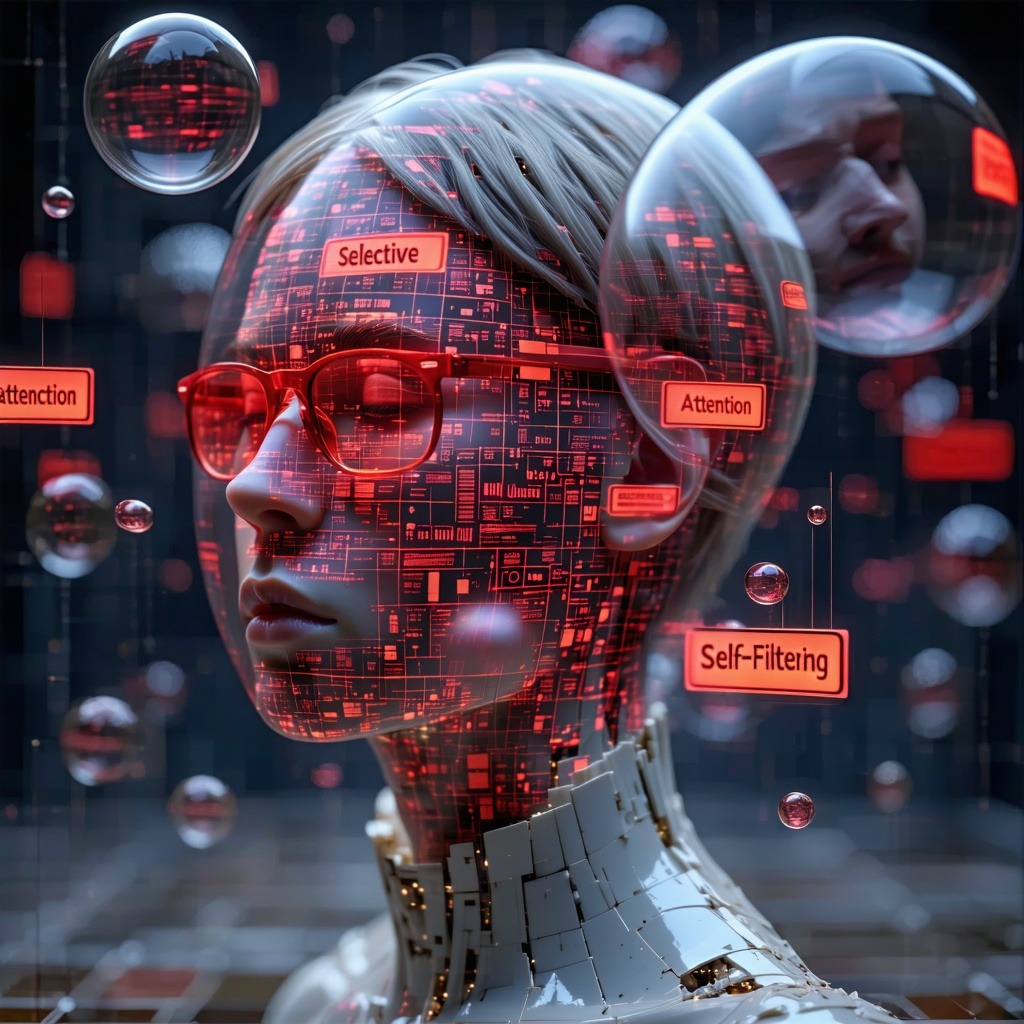 elective Attention’과 같은 태그가 떠 있는 가운데, 회로 패턴으로 구성된 로봇 얼굴이 클로즈업된 이미지