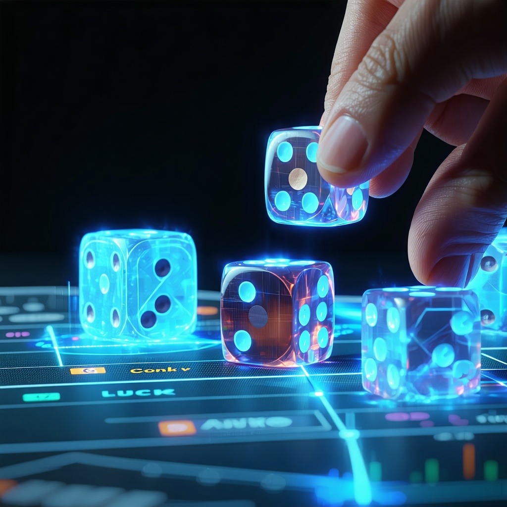 발광 효과가 있는 주사위를 손이 집어 올리는 장면과 함께 데이터 분석 보드가 배경에 보이는 이미지