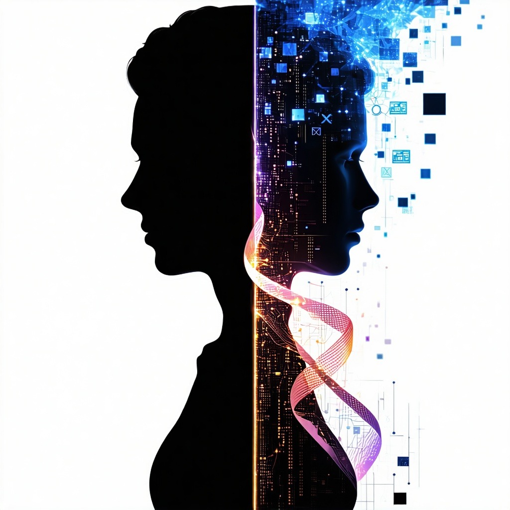여성의 실루엣과 전자 회로, 디지털 데이터, 기술 아이콘이 결합된 이중 노출 효과 이미지