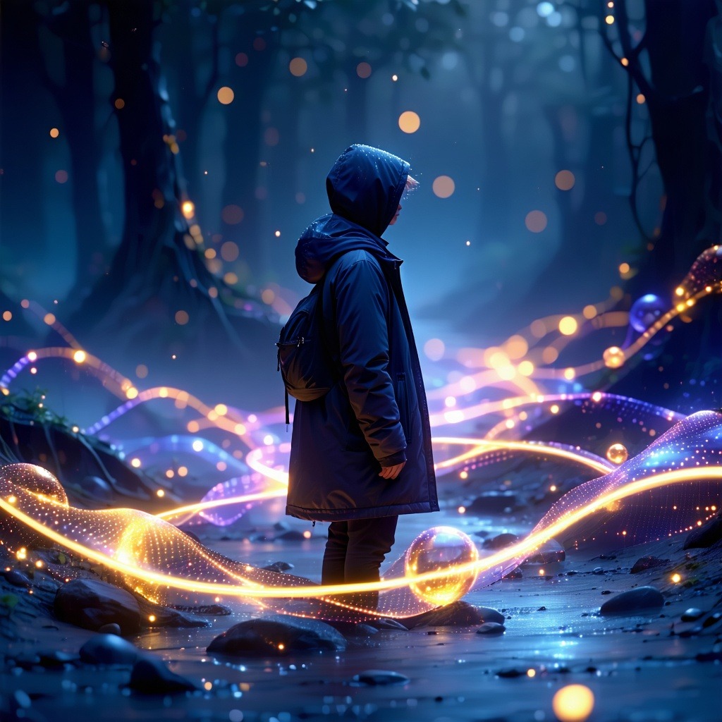 안개 낀 숲 속에 서 있는 사람과 발 주변을 감싸는 황금빛 빛줄기가 만들어내는 환상적인 장면