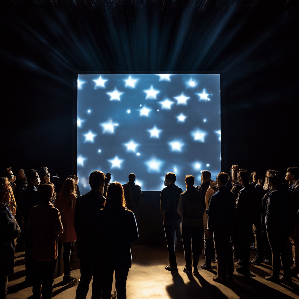 온라인 평판 조작의 시각적 은유로, 그림자 같은 다수의 인물이 빛나는 화면에 가짜 5성 리뷰를 붙이는 동안 한 명의 당황한 사람이 지켜보는 모습을 묘사합니다.