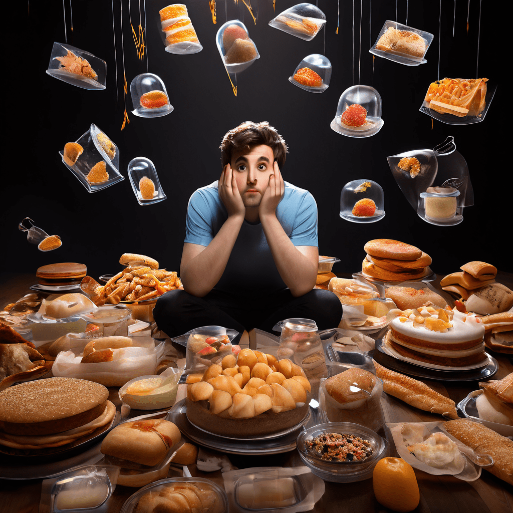 거대한 세 개의 투명한 칼로리 계산 식품 트랩에 갇혀 좌절한 표정의 사람이 주변에 놓인 유혹적인 금지된 음식들에 둘러싸여 있는 모습을 담은 이미지로, 식단 조절의 심리적 어려움을 상징적으로 표현하고 있습니다.