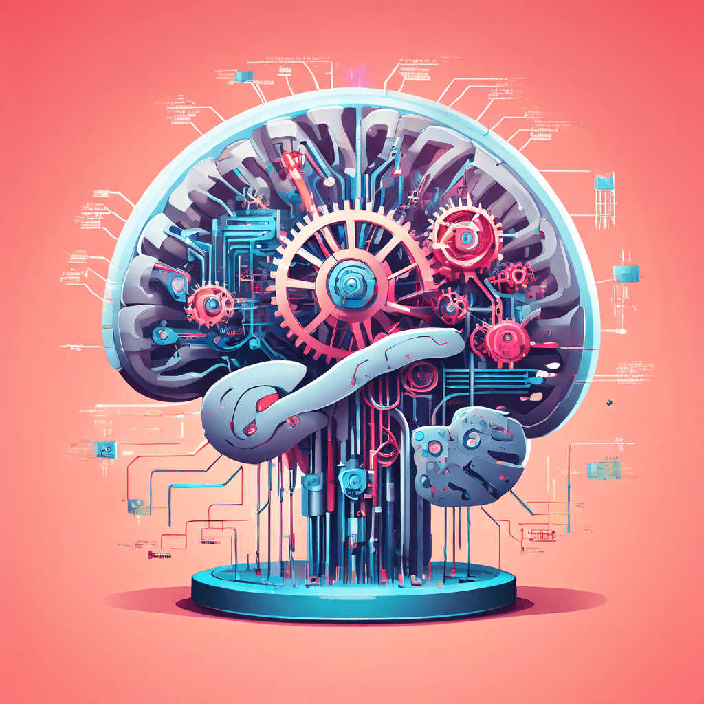 가짜 데이터와 착시 현상으로 조작된 정보가 톱니바퀴와 레버가 보이는 인간의 뇌를 속이는 모습을 상징적으로 표현한 일러스트 이미지입니다.